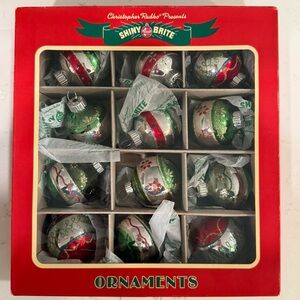 Christopher Radko Shiny Brite Glass Christmas Ornaments Red And Green Flowers 12